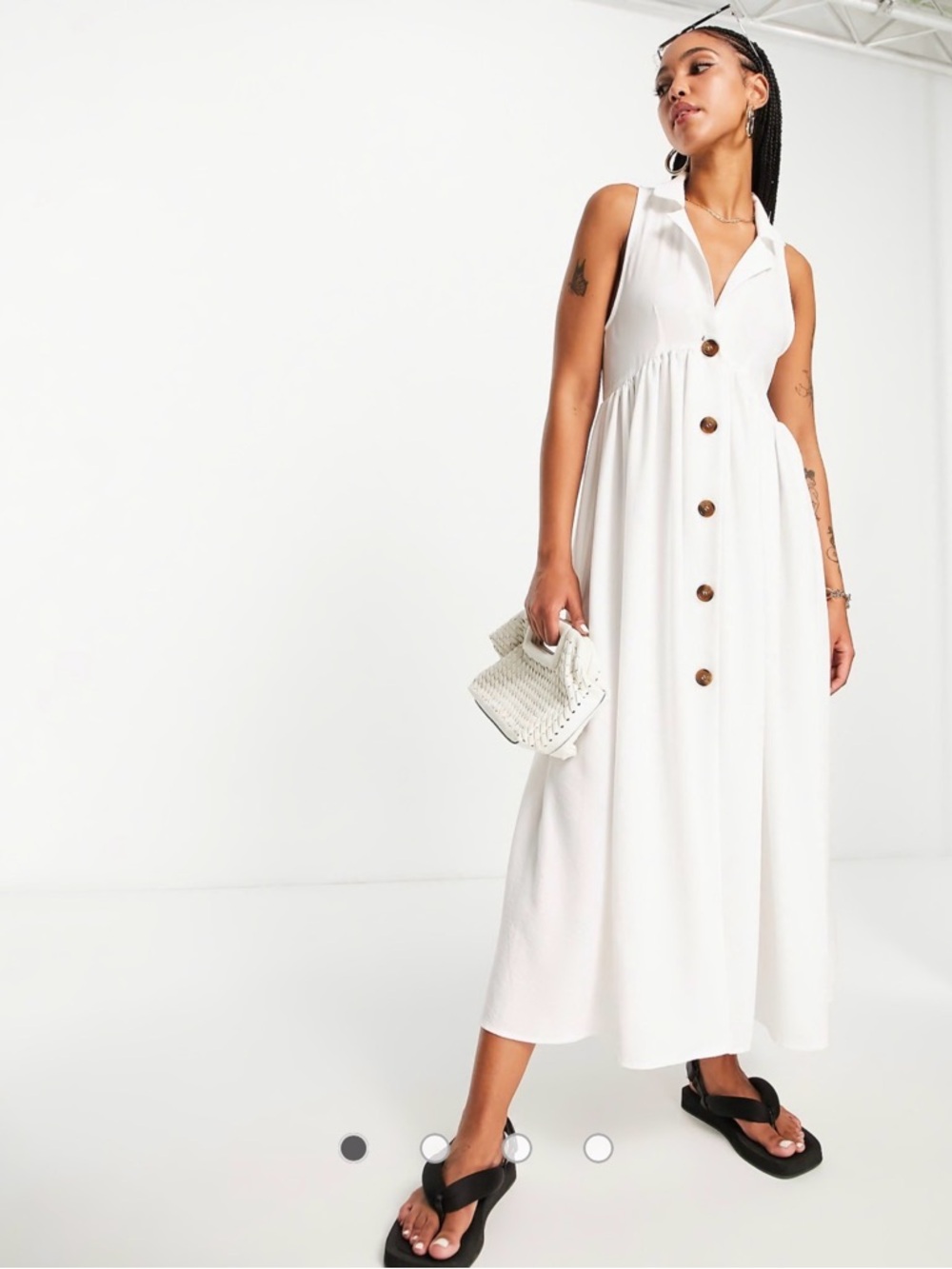 ASOS White Sleeveless Button-Front Maxi Dress with Wooden Buttons